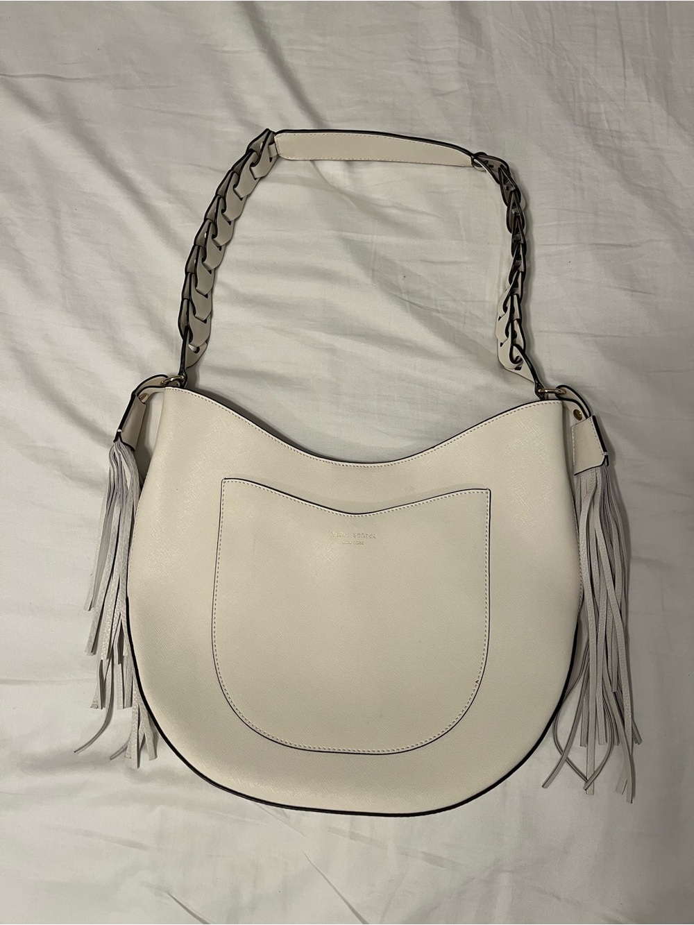 Henri Bendel New York Cream Synthetic Leather Fringe Shoulder Bag